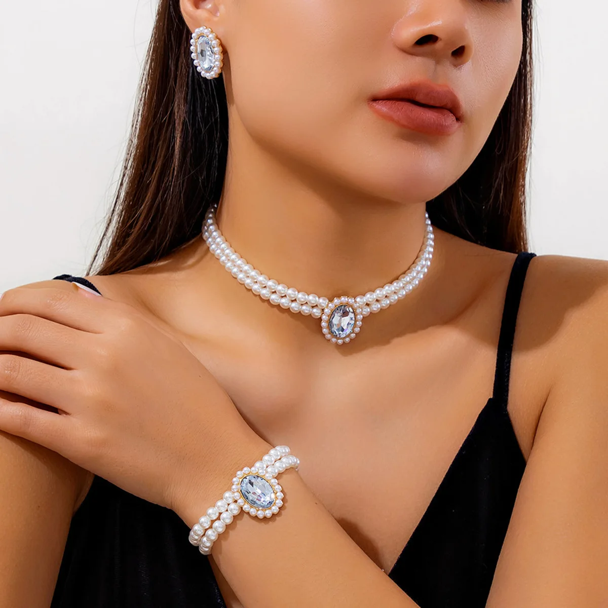 DIEZI Punk Multi layer Round Imitation Pearl Beads Necklace Earrings Bracelet Vintage Jewelry Sets Party Gift 2023 New Jewelry