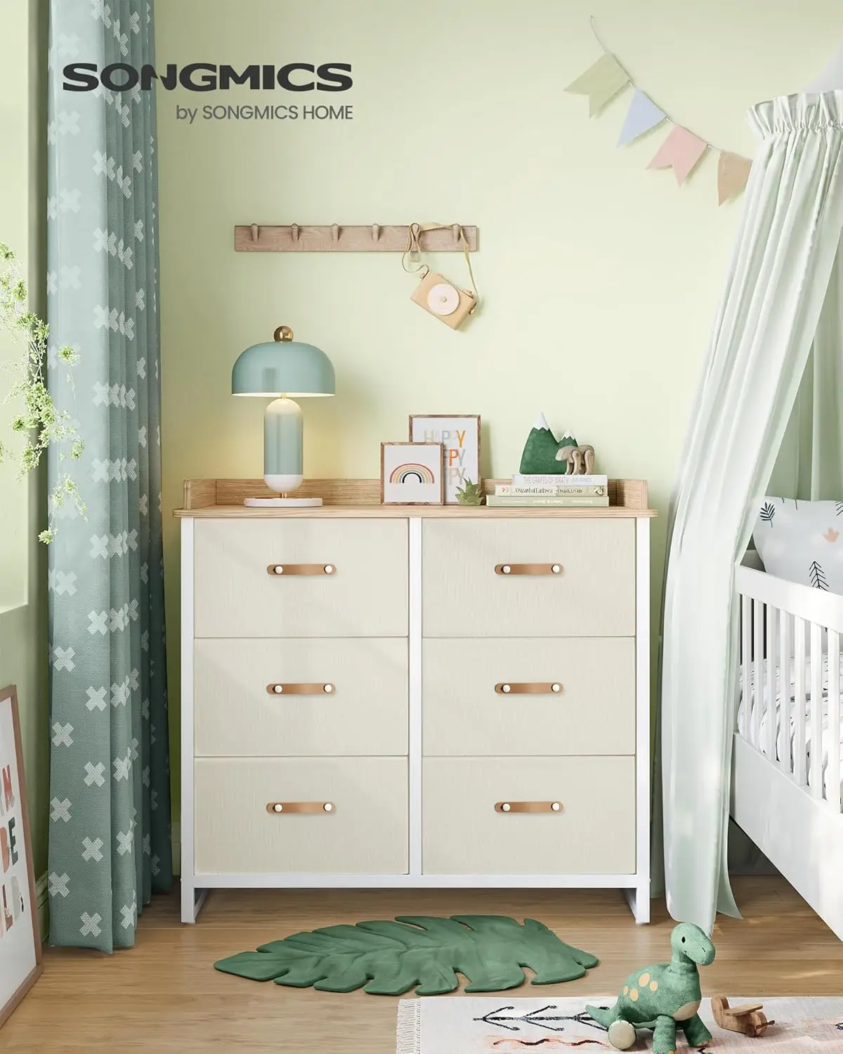 Kids Dresser 6 Drawers, Water-Resistant Top, Beige, Storage Cabinet for Bedroom or Hallway