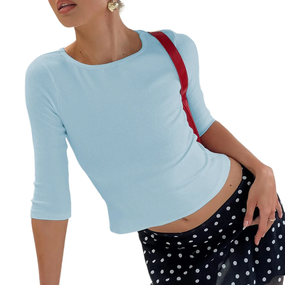 Minimalistisches Basic Geripptes Strick-Top für Damen 3/4 Ärmel O-Ausschnitt Crop-T-Shirt Sommer Streetwear Y2K Lässige Bluse Damenkleidung