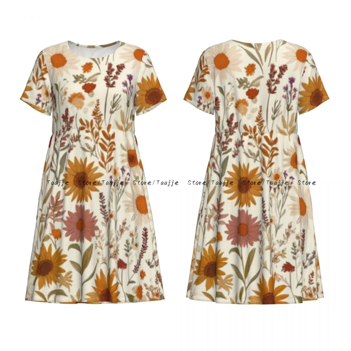 Summer Women's Short Sleeve Waist Dress Women Whimsical Boho Floral Illustration Daisies Round Neck Casual Dress