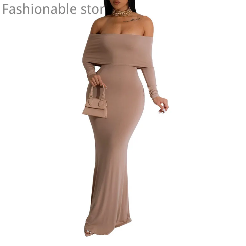 

Women Casual Solid Color Off Shoulder Slash Neck Sipper Back Floor-length Party Dress