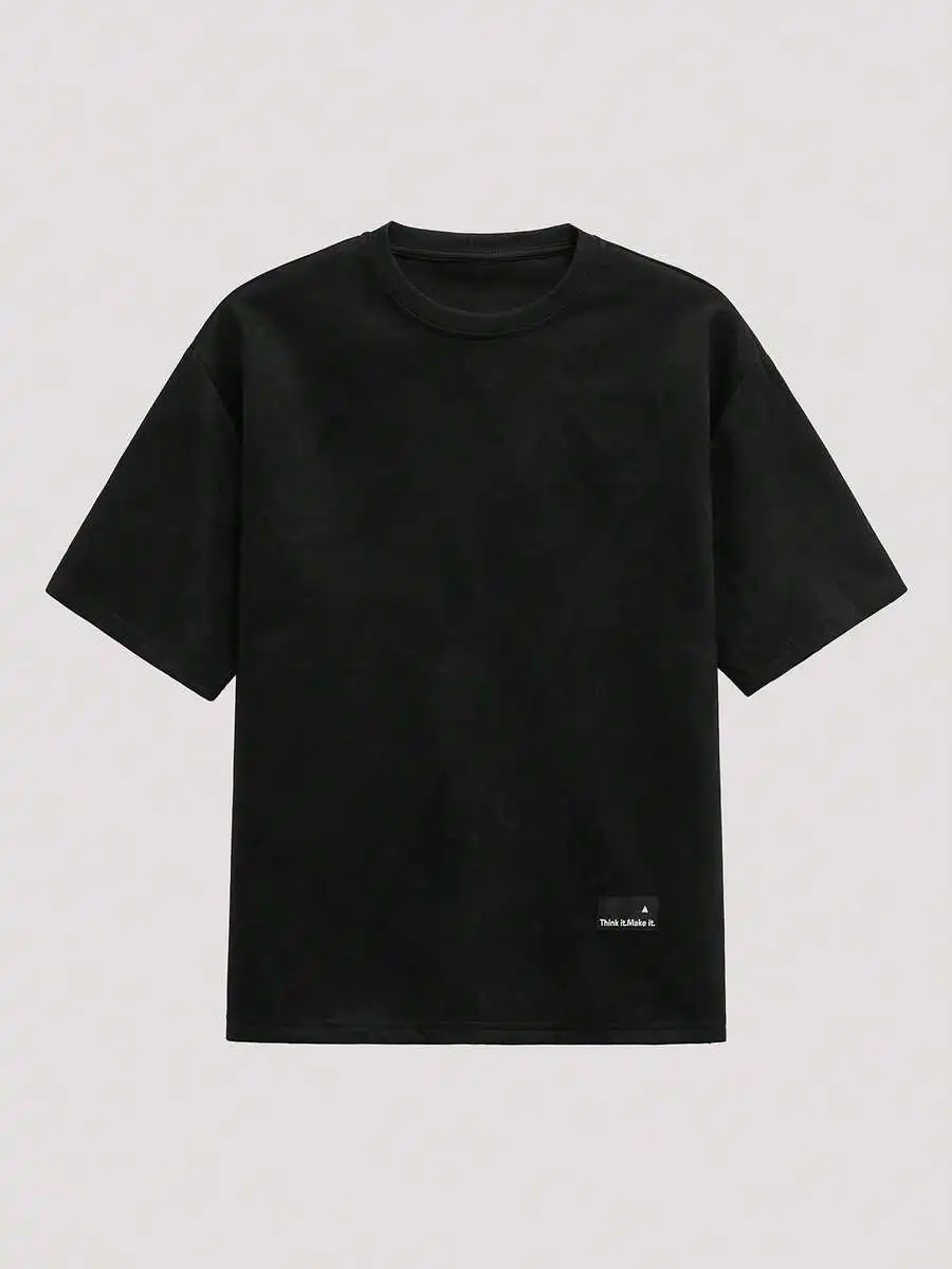

Mens Black Solid Round Neck Short Sleeve Loose Casual Tee
