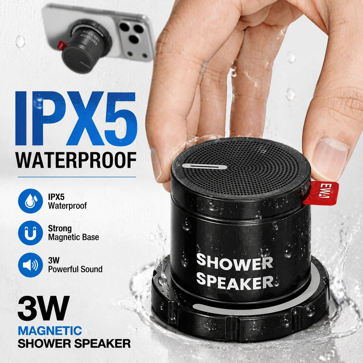3W Magnetic Bluetooth Speakers IPX5 Waterproof Shower Speaker Portable Metal Volume Knob Sound Box for Bathroom Gym Home Kitchen