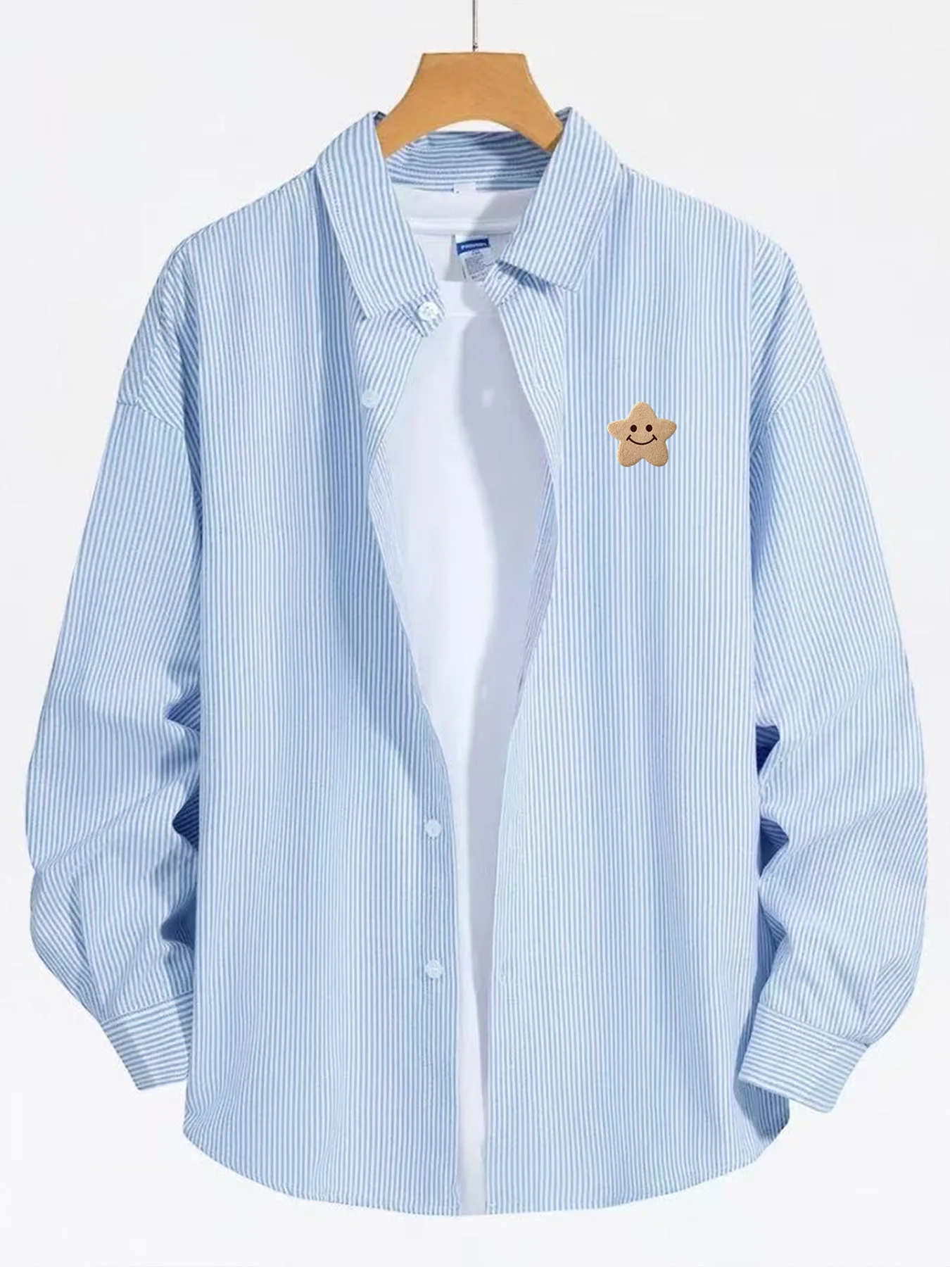

Trendy Fashion Men's Spring and Autumn Cartoon Star Pattern Striped Long-Sleeve Casual Simple Shirt