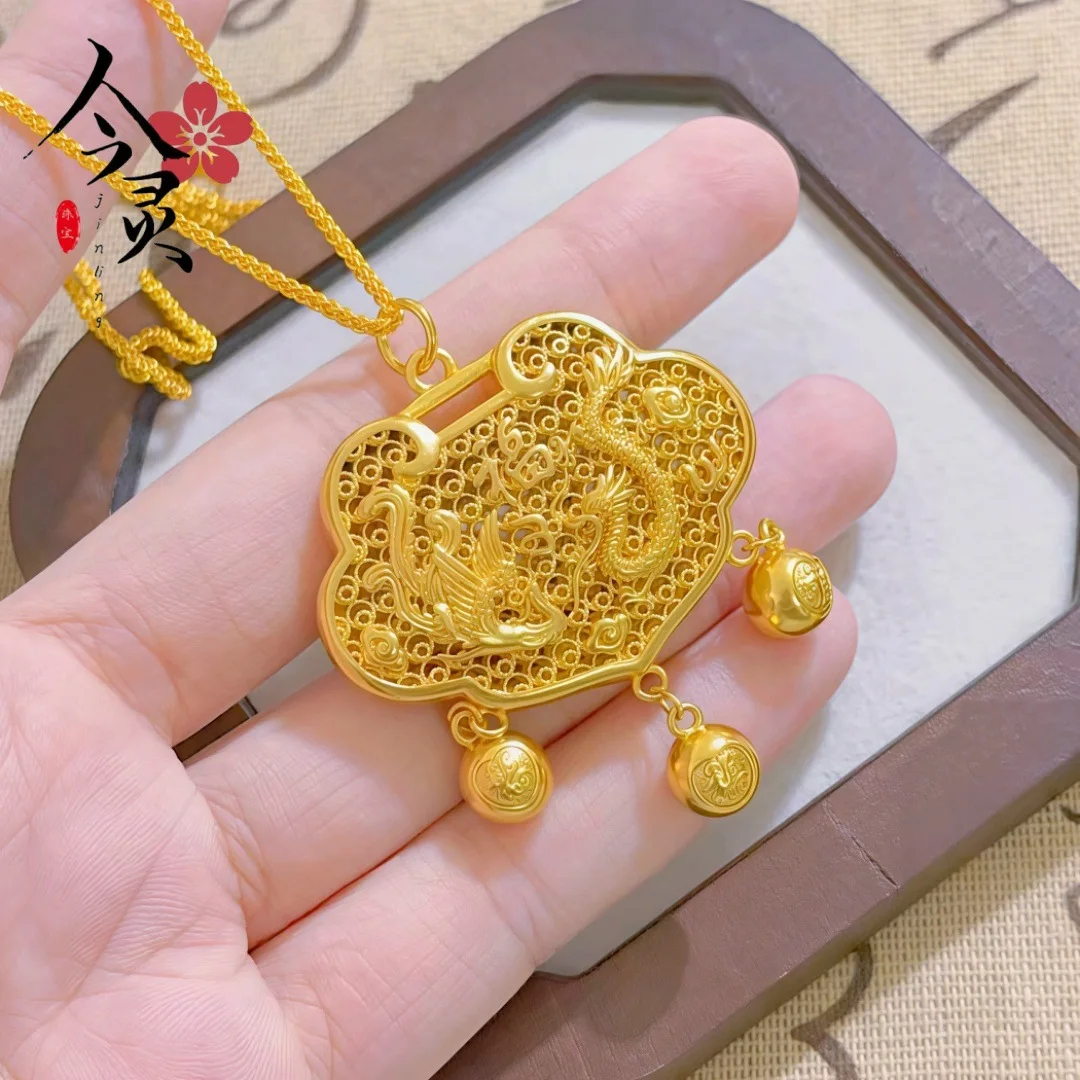 Exquisite Pure Gold Fu Safety Coin Dragon Phoenix Pendant Women 24K Gold AU999 Fine Craft and High Grade