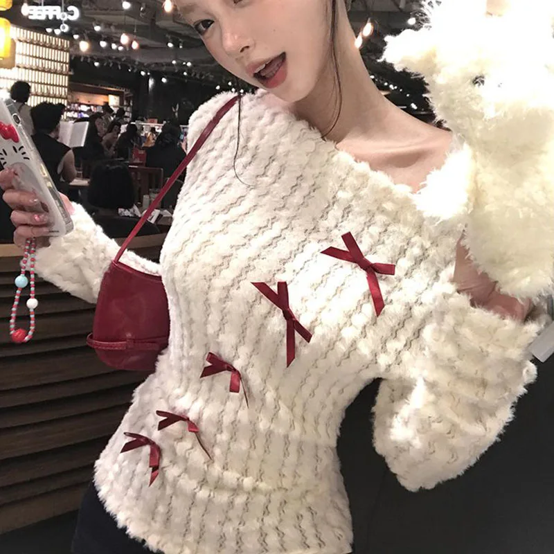 Y2K Skew Collar Off Shoulder Knitted Pullover Women Korean Fashion Long Sleeve Slim Tops Autumn Chic New Jumpers Female