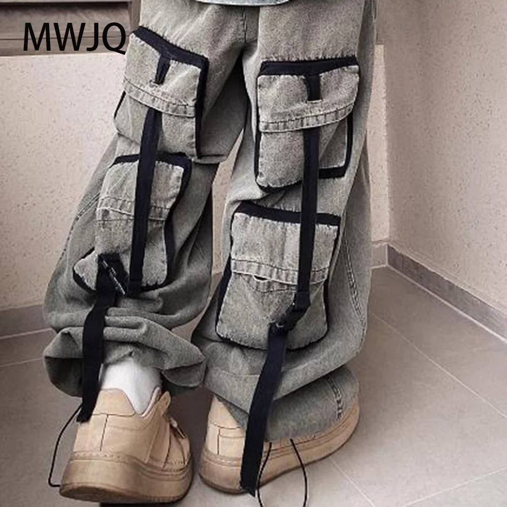 

MWJQ Male Japanese Retro Washed Cargo Jeans Men's Hip Hop Fashion Lace Up Multi Pocket Design Niche Wide Leg Pants Tide 010230