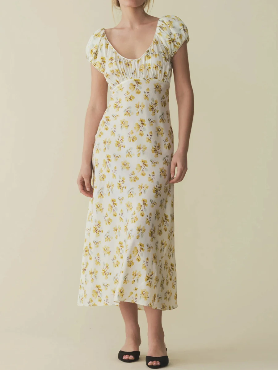 فساتين نسائية صيفية أنيقة بطبعة زهور طويلة بأكمام قصيرة منتفخة فستان على شكل حرف A لحفلات الكوكتيل وحفلات الشاطئ ملابس الشارع