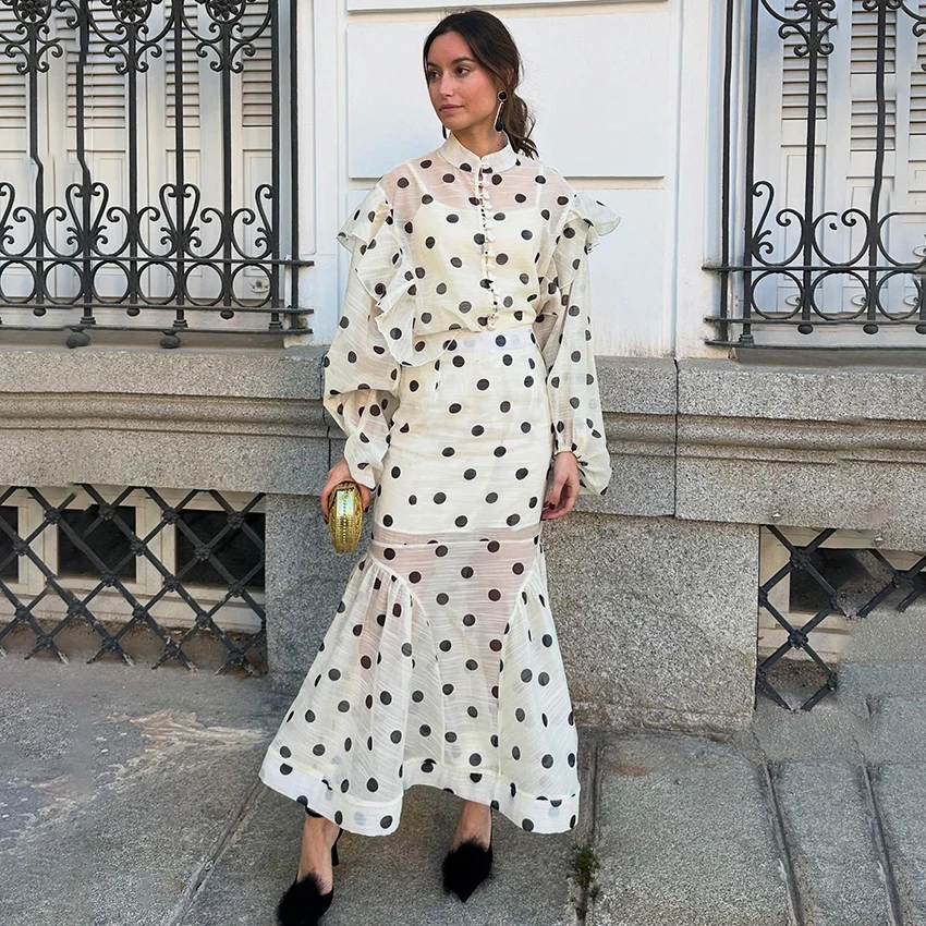 

Linad Elegant Sheer Polka Dot Long Trumpet Skirts Outfits Vintage Stand Collar Blouse And Ruffles Skirts 2 Piece Street Set 2025