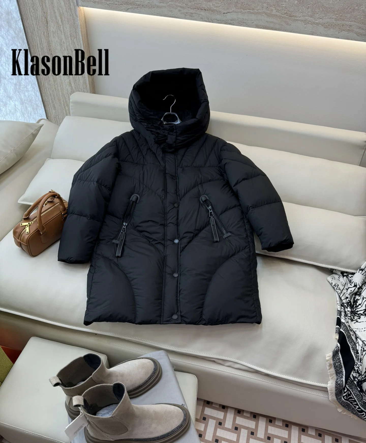 8.28 KlasonBell-Women Fashion Hat Detachable Loose Down Jacket Zipper Pocket Design Mid-Length Goose Down Keep Warm Outerwear