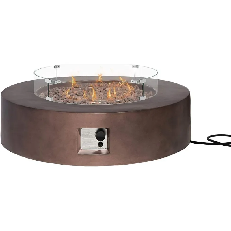 

42 inch Propane Fire Pit, 50000 BTU Stainless Steel Burner Round Fire Table Free Lava Rocks, Glass Wind Guard, Waterproof Cover