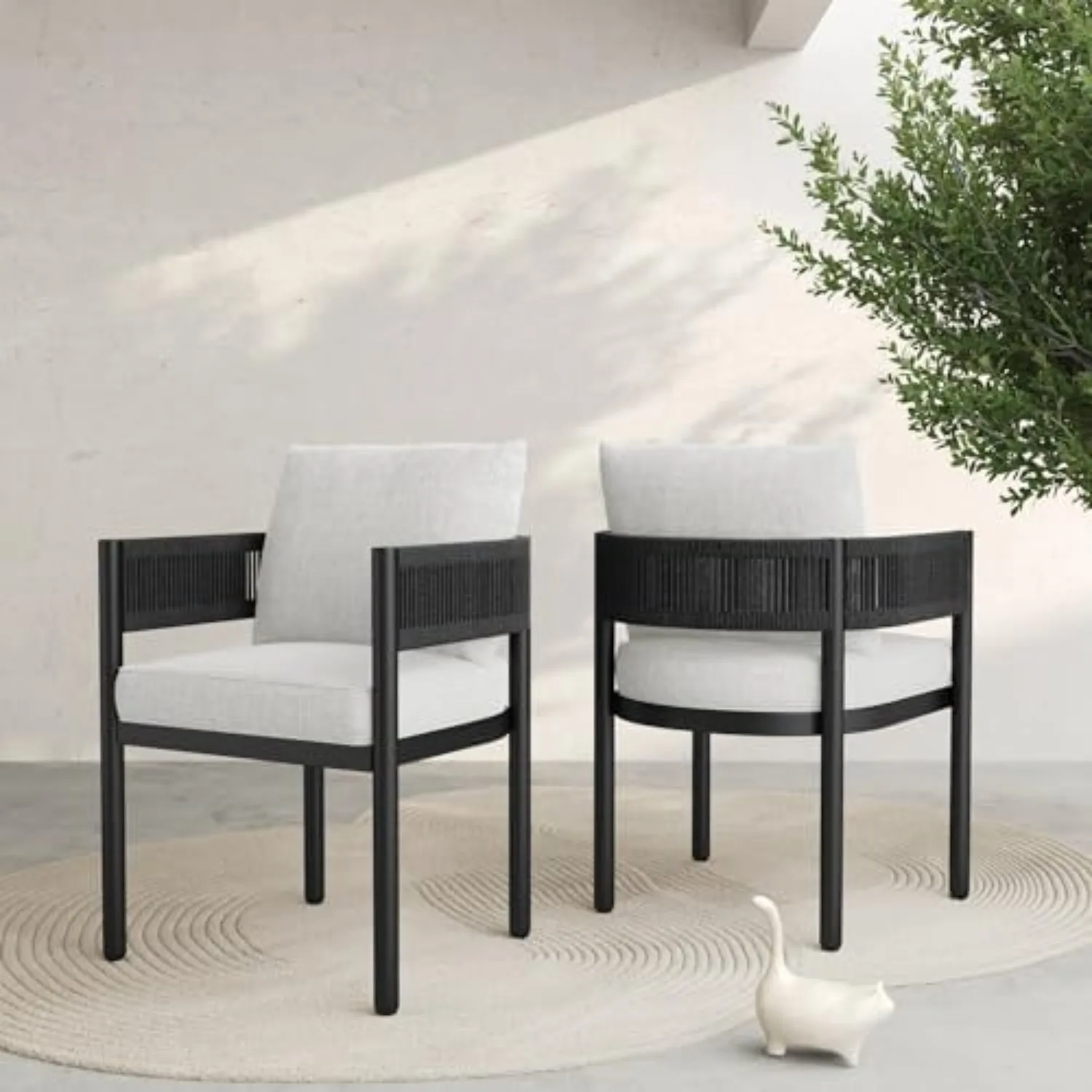 Outdoor Dining Chair Set of 2, 2 Pieces Patio Dining Chairs, Metal Woven Wicker Fixed Patio Chairs with Grey Cushions