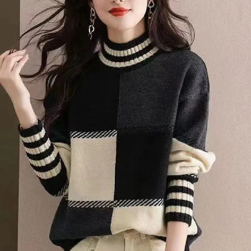 New Fashion Trend Half High Neck Contrast Stripes Loose and Thickened Versatile Slim and Fashionable Women\'s Knitted Sweater