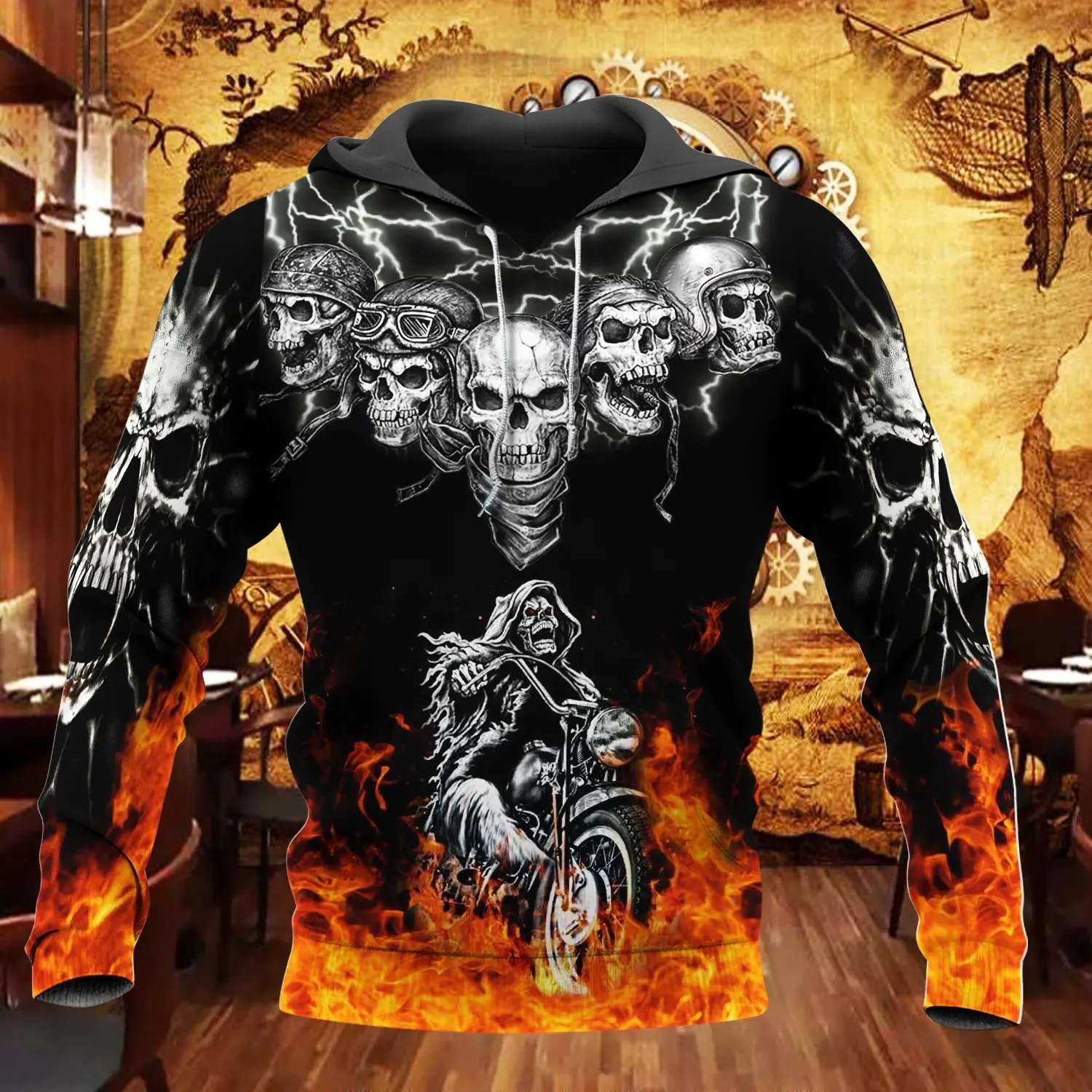 Herbst Vintage Hoodie Männer Schädel Flaming Grafik 3D Druck Hip Hop Stil Casual männer Langarm Oversize Bequeme Kleidung