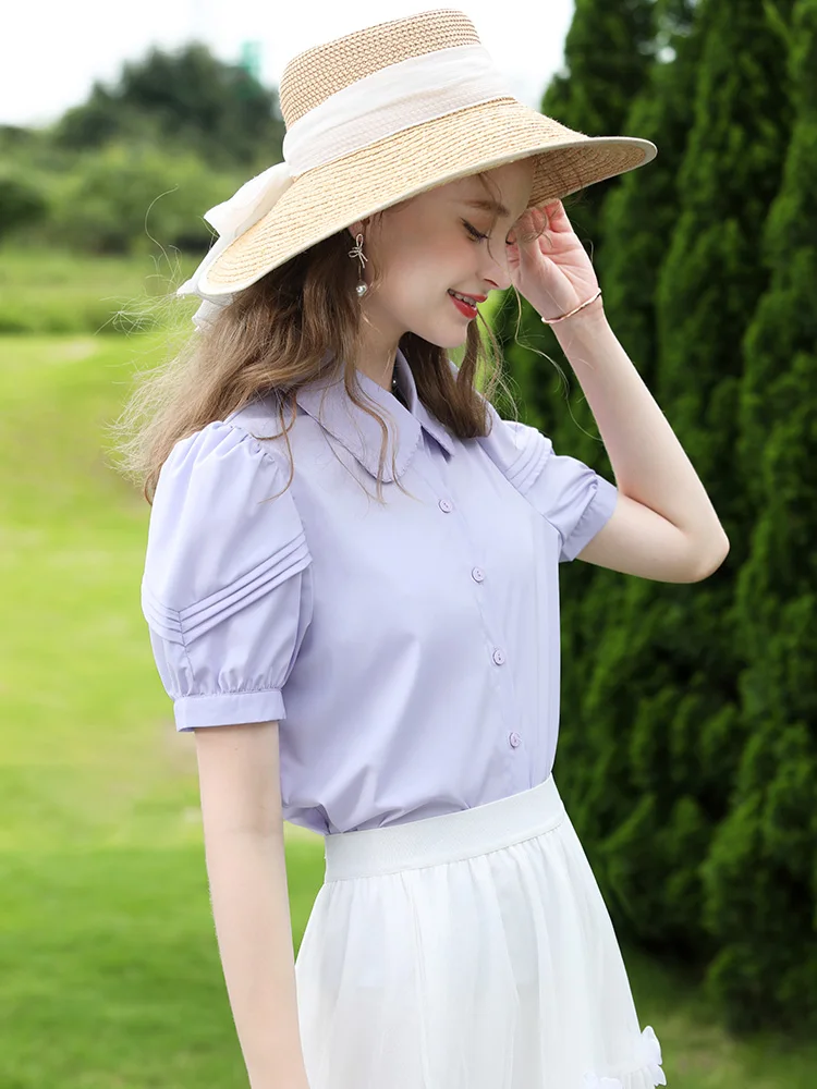 I BELIEVE YOU Purple French Puff Female Short Sleeves Office Lady Shirts & Blouses 2023 Summer New Chic Women Tops 2232055165