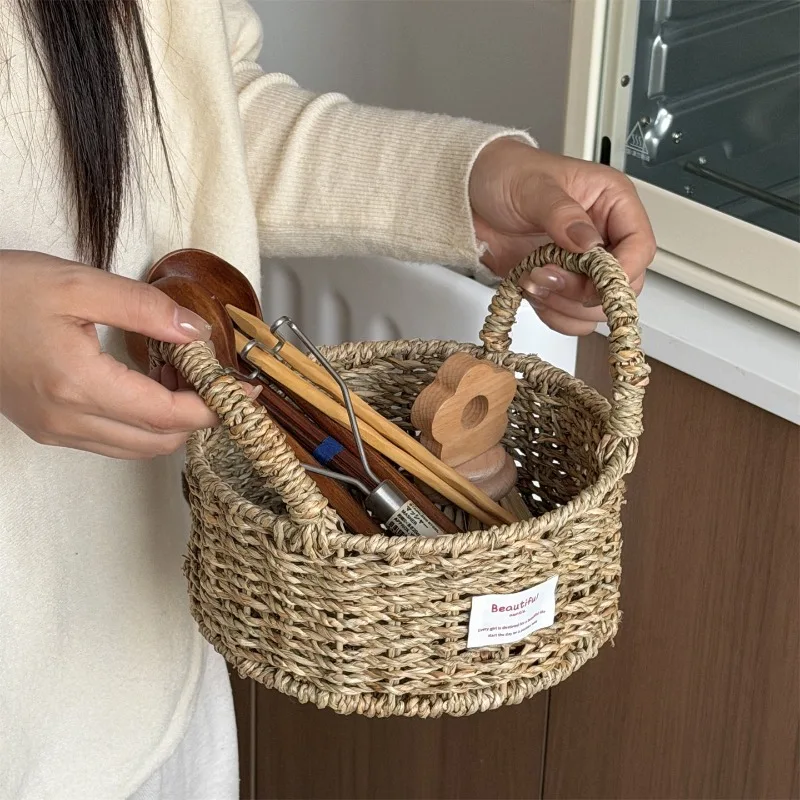 Natural Seagrass Woven Basket with Double Handles, Japanese Desktop Storage Organizer for Fruit Kitchen Sundries