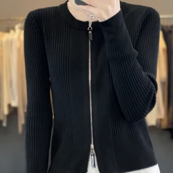 Fashion Spring And Autumn New Worsted Pure Wool Zipper Cardigan Top Solid Color Long Sleeve Women's Fashion Sweater-XZ197