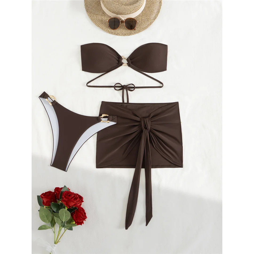 Neuer Bandeau-Bikini mit Rock, Damen-Badeanzug, dreiteiliges Bikini-Set, Badeanzug mit hohem Beinausschnitt, Badebekleidung, Modell V6264. – Detail 10