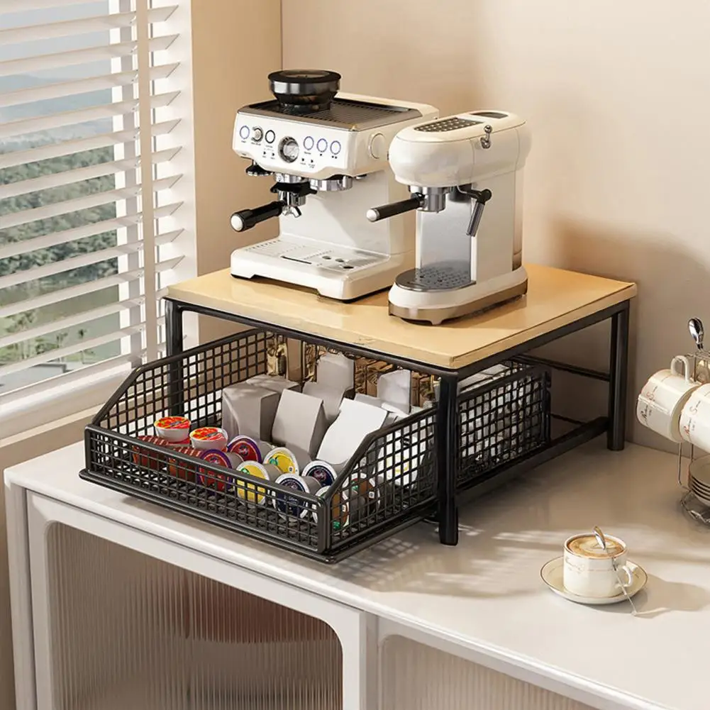 Coffee Maker Storage Rack with Drawer, Two Tier Countertop Organizer, Wood Top And Metal Basket Holder for Kitchen Office