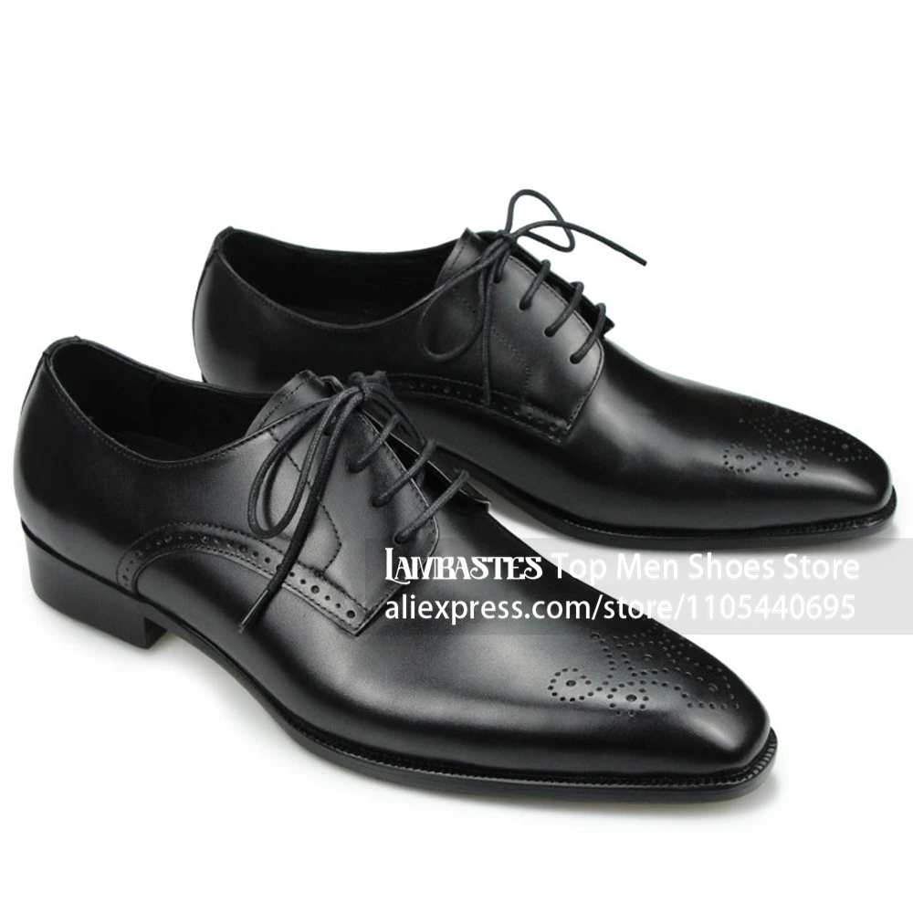 Black Almond Toe Brogue Derby Dress Shoes Genuine Leather Lace Up Business Formal Leather Shoes Semi Brogue Side Trim Men Shoes