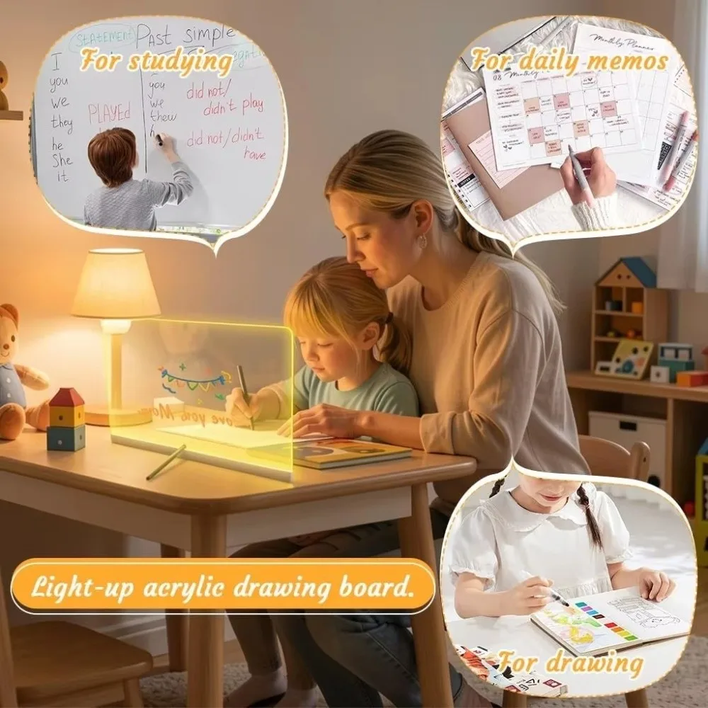 Creative DIY LED Drawing Board Acrylic with 12 Color Pen Touch-to-Charge Note Board Light-Up Message Board Kids