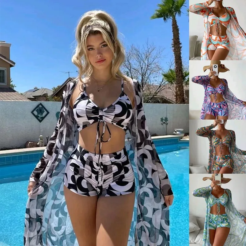 

New Bikini Three Piece Set with Digital Printing Outerwear Flat Leggings Swimwear Women's Beach Skirt