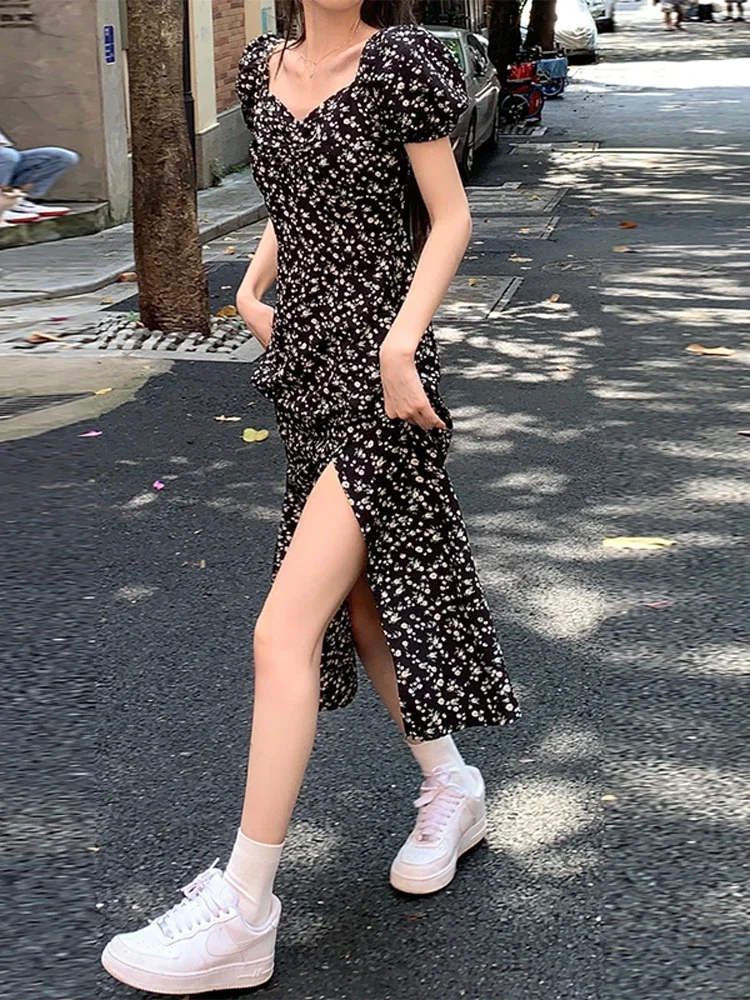 

Coffee break temperament square neck floral dress summer 2024 new high-end women's clothing split-ended long dress vintage