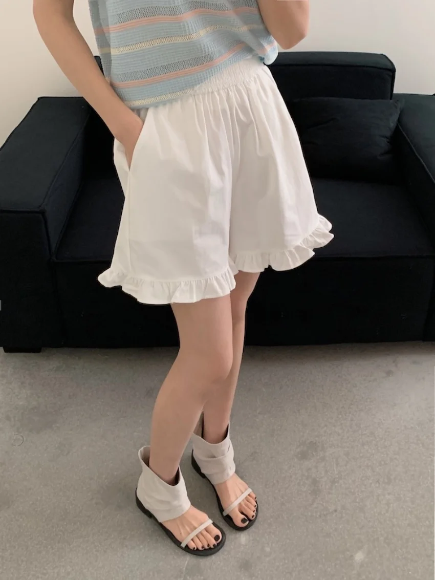 Estrangeiro kitty shorts confortáveis femininos algodão chique casual novo verão babados doce todos os jogos moda cintura alta streetwear diariamente