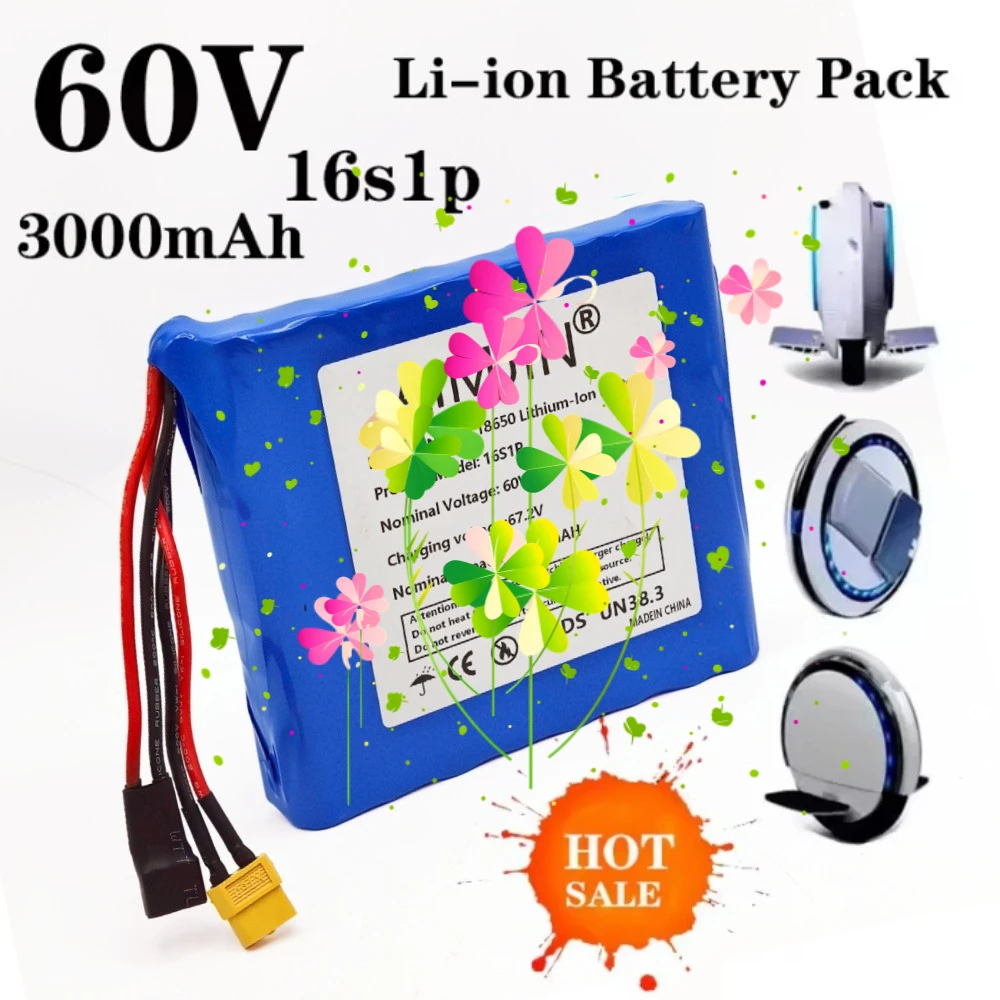 

18650 16S1P 60V 3.0Ah Lithium Battery Pack with BMS for Electric Unicycle Self Balance Scooter 3000mAh Rechargeable Battery