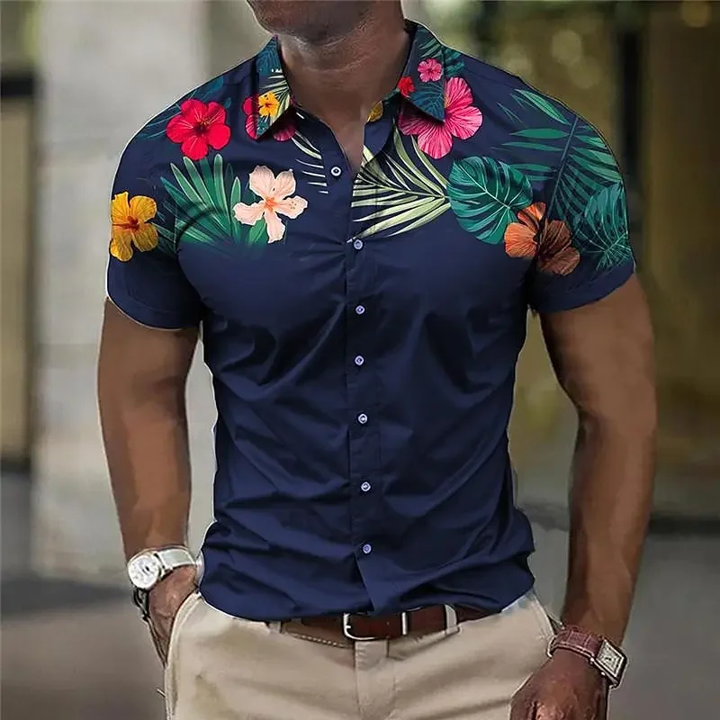 Camisa floral estampada masculina, de manga curta, preta, tecido elástico de quatro vias, slim fit, casual, de negócios, ao ar livre, trabalho de rua, verão