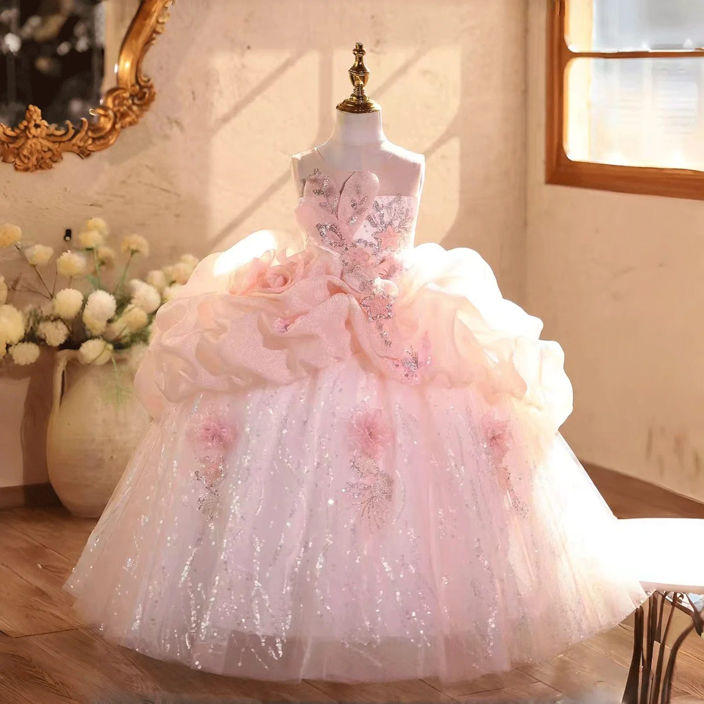 Jill Wish J611 Luxury Grand Pink Girls Strapless Huge Ruffled Waist Sequin Ball Gown Flower Wedding Party Dress Kids Birthday