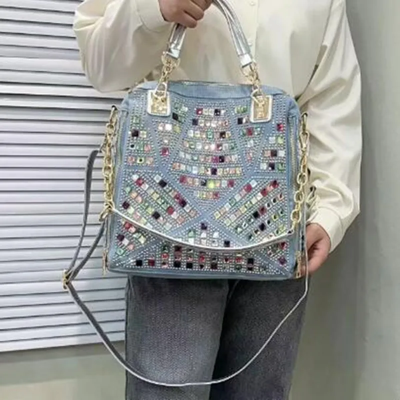 Bucket bag Denim jean casual women handbags designer shoulder bags rhinestone decorative womens messenger bag totes