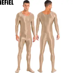 Mens Bodystocking Underwear Smooth Long Sleeve Solid Color Round Neck Bodysuit Pantyhose Nightwear Yoga Sports Fitness Tights