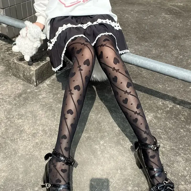 Sweet Lolita Girls Transparent Stockings Heart Bowknot Pattern Sexy Women Anti Stripping Pantyhose JK Punk Breathable Tights New