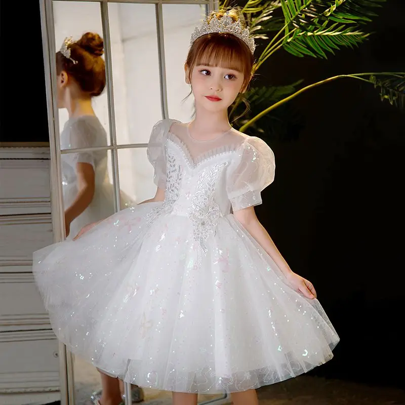 Flower Girls Wedding Dress Birthday Party Princess Dresses Children Short sleeve Performance Shiny Sequin Beaded White Gown N23