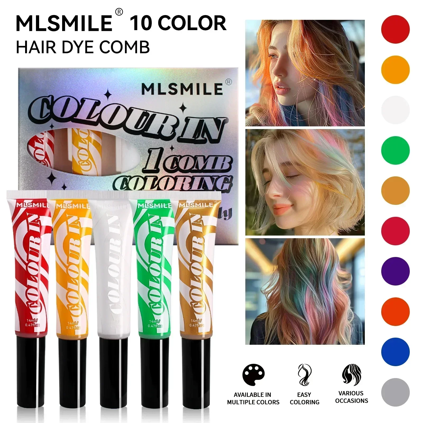 

MLSMILE 5-pcs Disposable Hair Dye Cream Easy To Apply Waterproof Long-lasting Easy To Wash Party Festival Makeup Cosmetics 14g*5