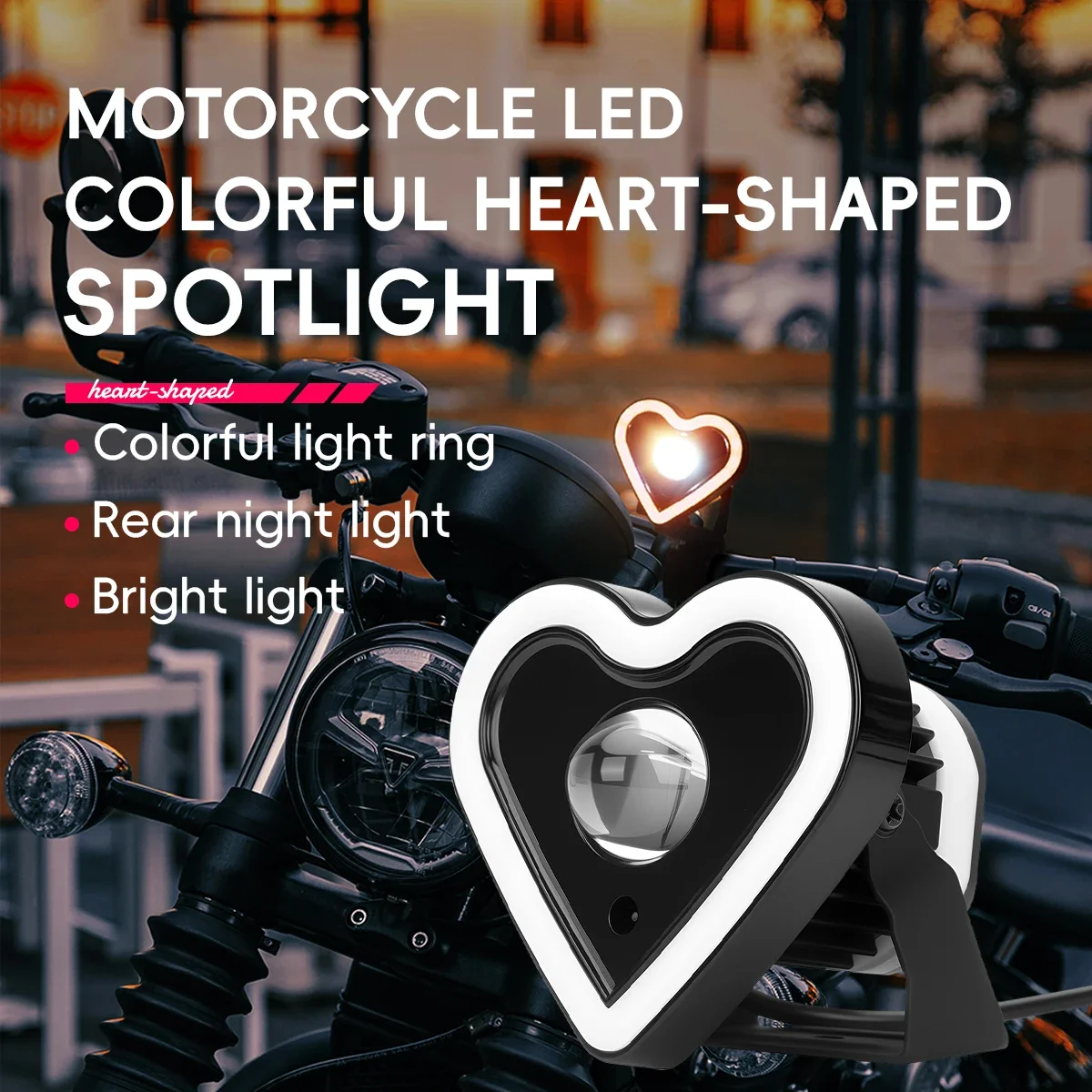 Motorcycle LED Spotlight Heart-shaped Headlight High Low Beam Flash Light RGB Aperture External Motor Headlight White Yellow