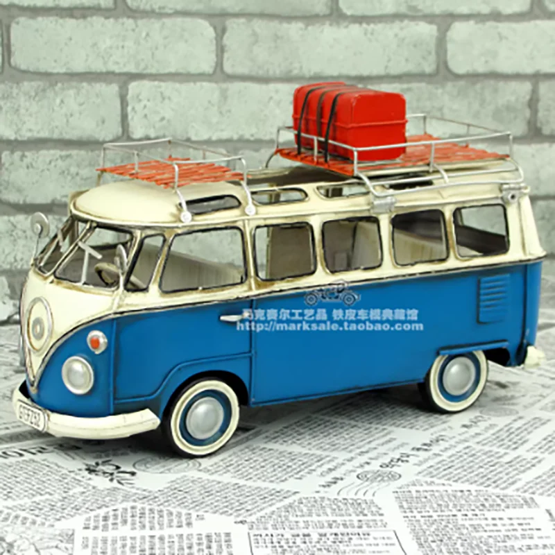 

Ironwork（About 26*12*16 CM）Camping bus travel trailer tin car model Toys Collection Adult Gift Static Display