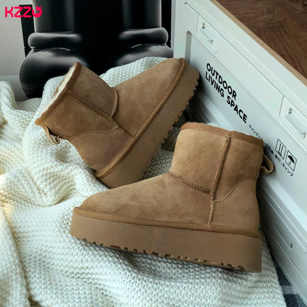 KZZO Women\'s Snow Boots Platform Fur Winter Genuine Sheepskin Leather Australia Ankle Natural Wool Lined Warm Shoes Waterproof