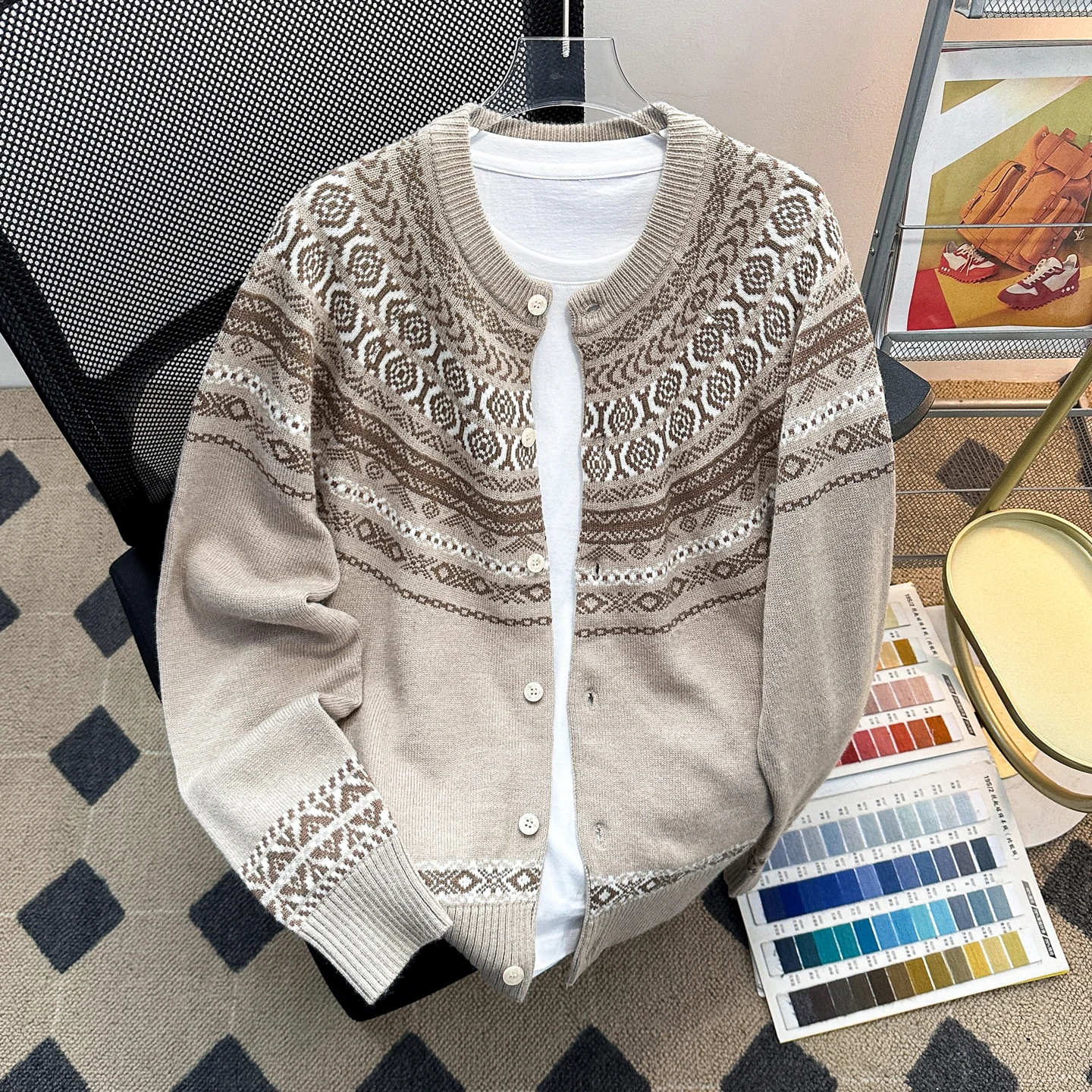 

i Color Fair Isle Knitted Cardigan Sweater Men's Autumn Winter Warm Versatile Retro Aosphere Knitwear Coat Soft Long Sve