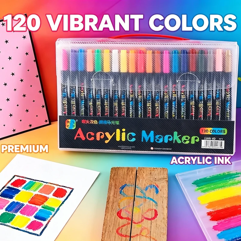 120 Colors Dual Tip Acrylic Paint Markers Pens Set for Rock Painting, Wood, Fabric, Glass Canvas Paint Pen Graffiti Art Supplies