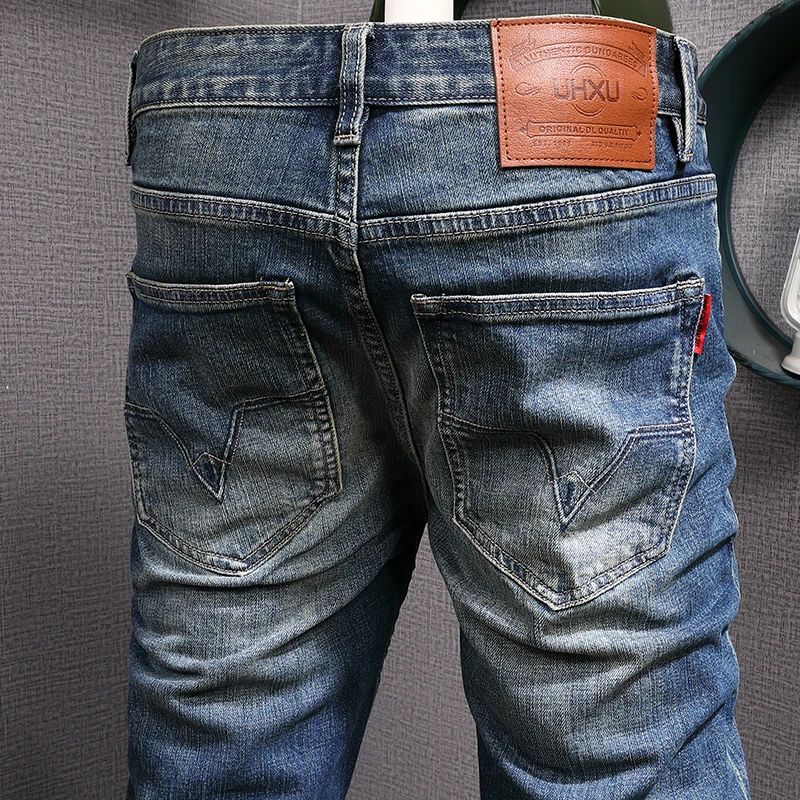 European Fashion Trend Men Jeans High Quality Elastic Slim Fit Ripped Jeans Men Retro Blue Vintage Designer Denim Pants Hombre