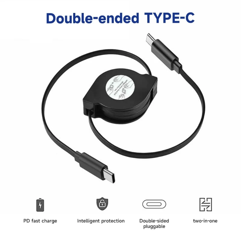 Retractable PD 2 in 1 60W USB C to USB C Data Cable Notebook Fast Charging Cord Compatible with Type C Phone Switch Tablets