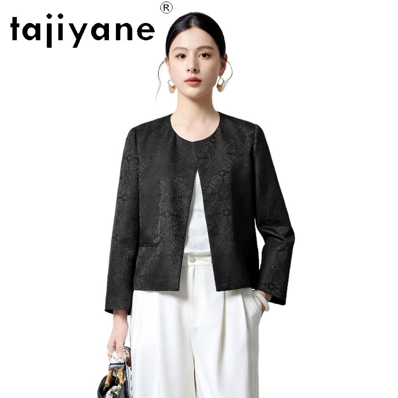

TAJIYANE 69% Wool 31% Mulberry Silk Blouse for Women Elegant O-Neck Jacquard Coats Short Office Jacket 2026 Spring Clothes blusa