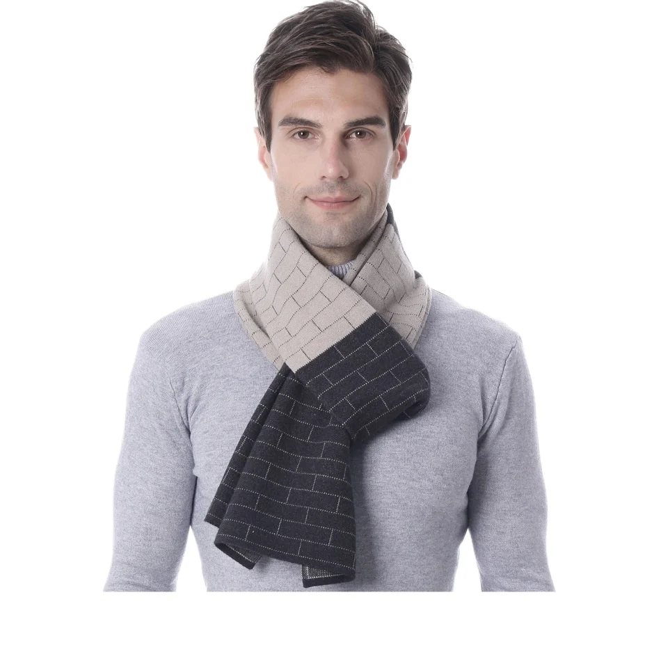 

Autumn Winter New Plaid Color Block Knitted Men's Scarf Korean Version Jacquard Neck Warmer Gift for Middle-aged Elderly Fathers