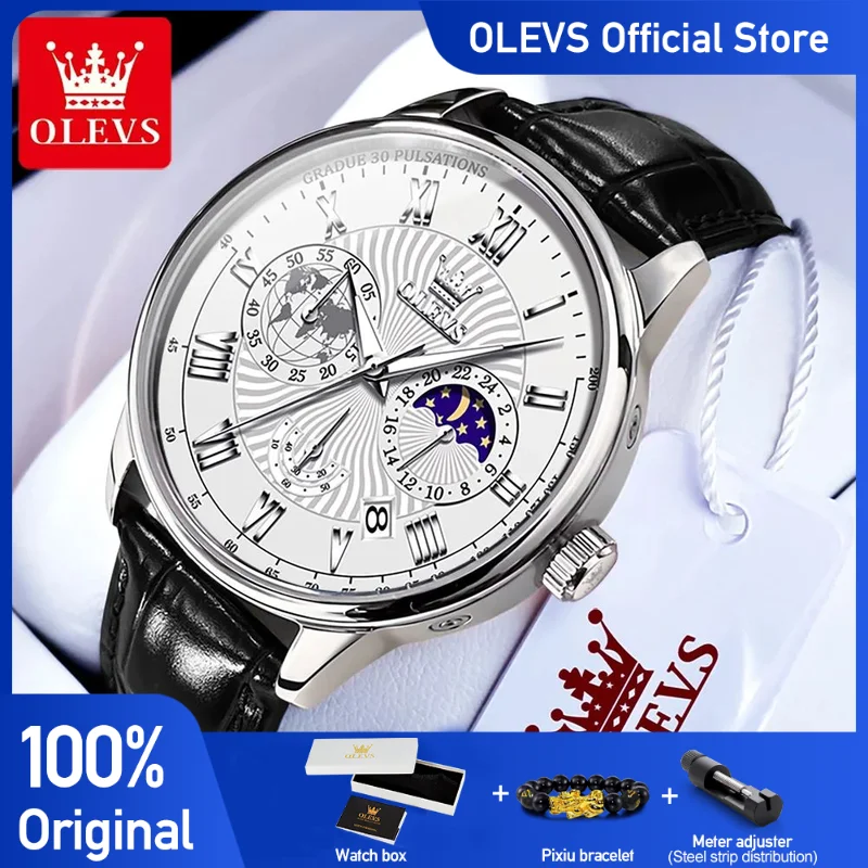 

OLEVS мужские часы, повседневные деловые оригинальные кварцевые часы для мужчин, водонепроницаемые светящиеся наручные часы с фазой Луны, календарь, хронограф