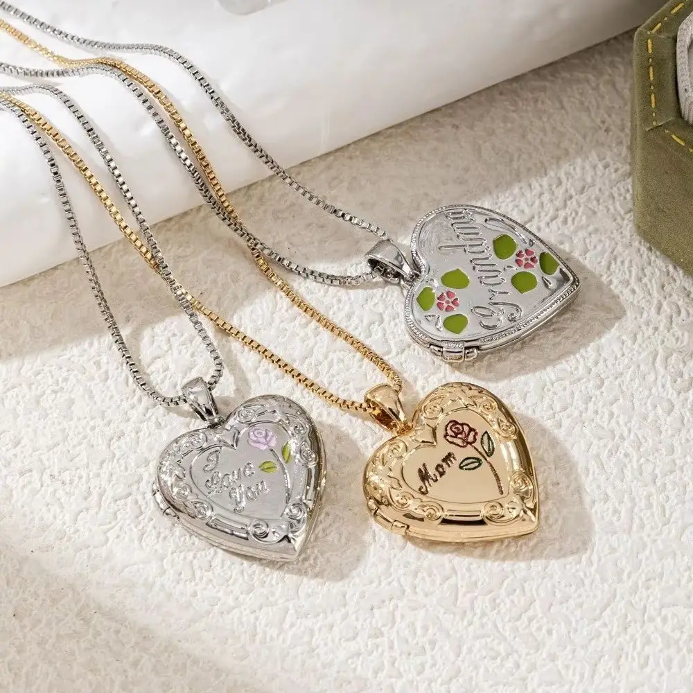 Heart Shaped Love Box Pendant Elliptical Pattern Engraved Photo Locket Necklace Preserved Vintage Rose Pendant Memory