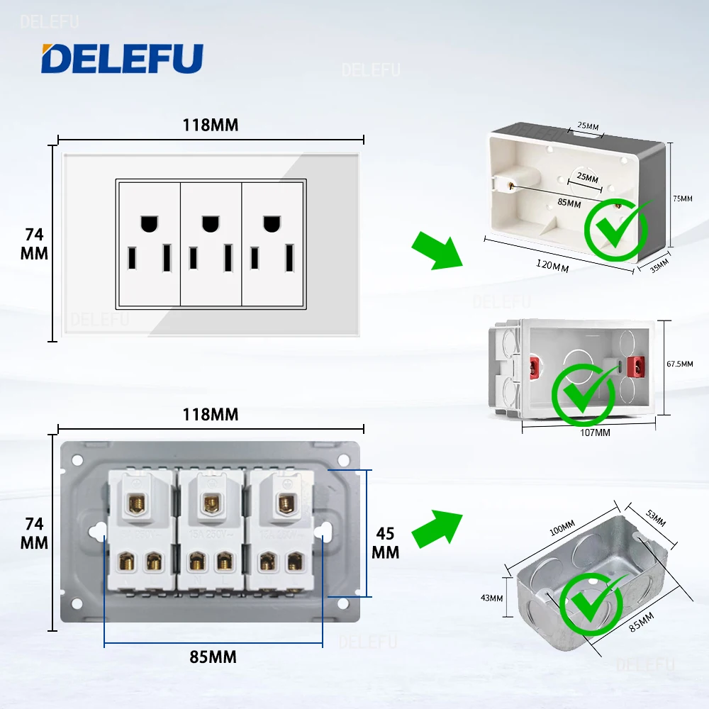 DELEFU White 118mm Glass Panel Mexican Standard C-type American Wall Socket Switch Fast Charging Satellite Phone CAT5 CAT6