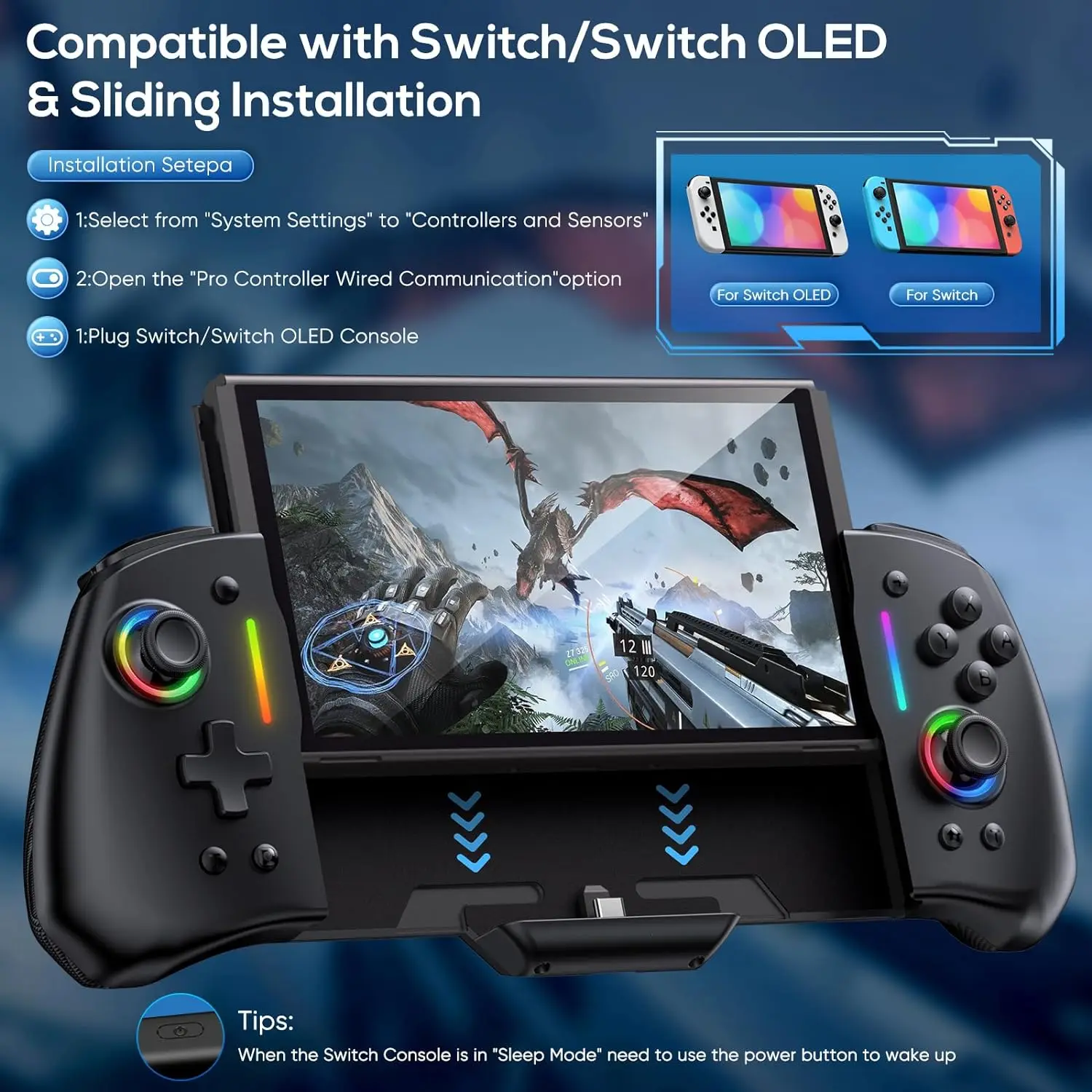 RGB Gamepads For Nintendo Switch/Switch OLED Pro Controller Pro Built-in 6-Axis Gyro Design Handheld Grip Double Motor Vibration