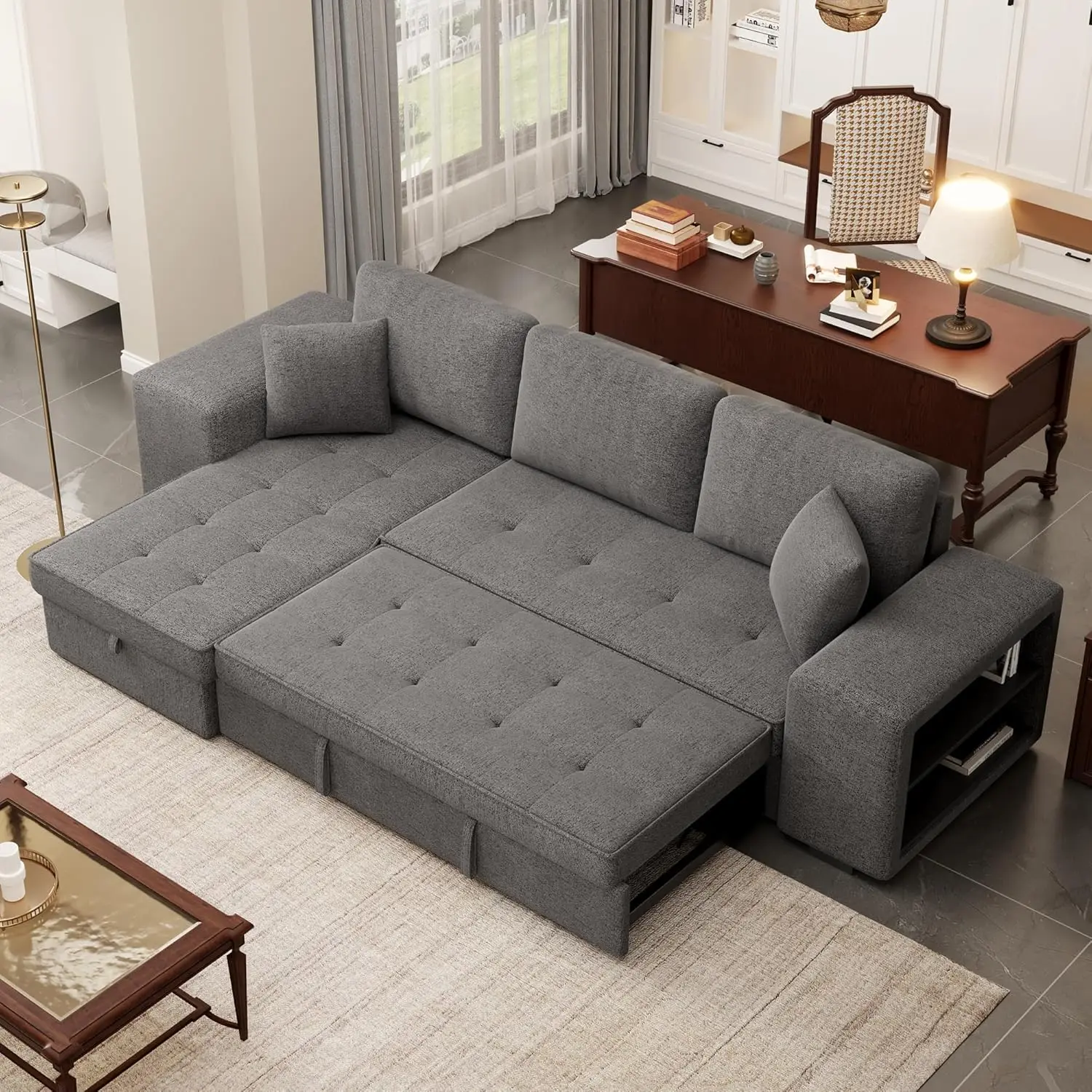 

Sectional Sofa With Pull-Out Sleeper Sofa Bed, Reversible Sectional Sofa With Storage Chaise And 2 Stools, L Shaped Couch Set